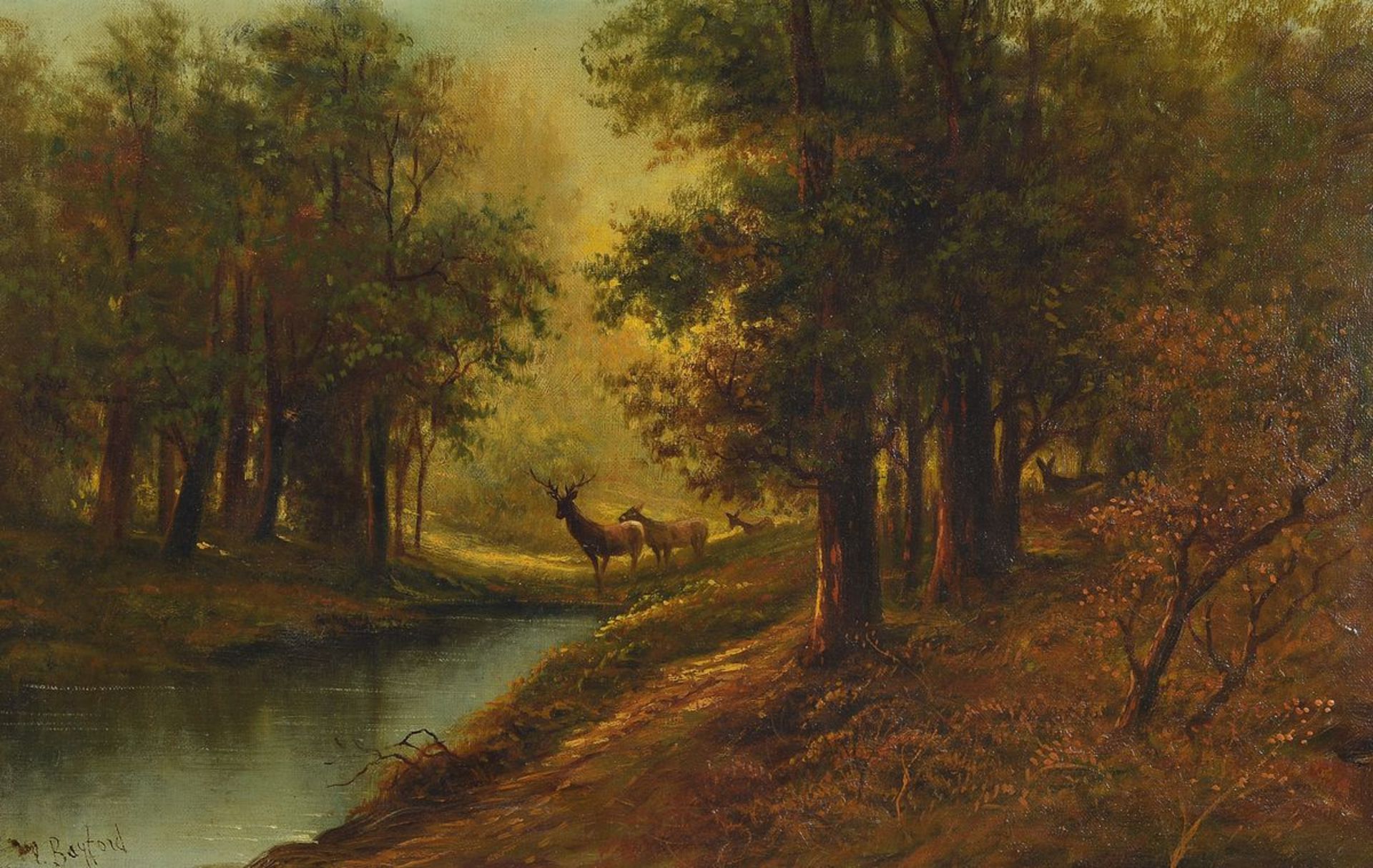 M. Bayford, 2. Hälfte 19. Jh., Hirsche am Bach im Wald, Öl/Lwd, links unten signiert, ca. 36x56cm/