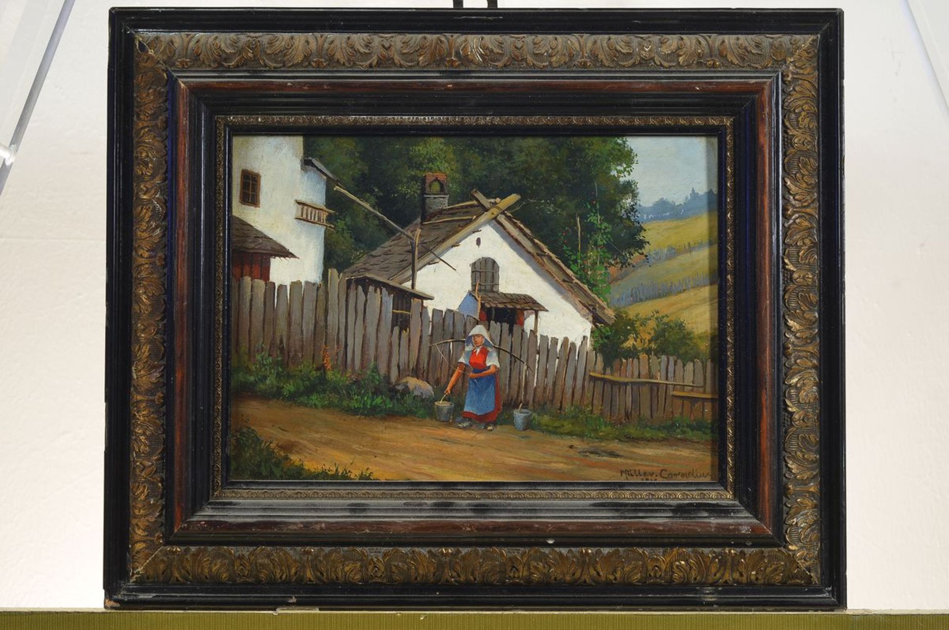 Ludwig Müller-Cornelius, 1864 München-1946, Wassertragende Frau vor Bauernhof, Öl/Holz, rechts unten - Bild 3 aus 3