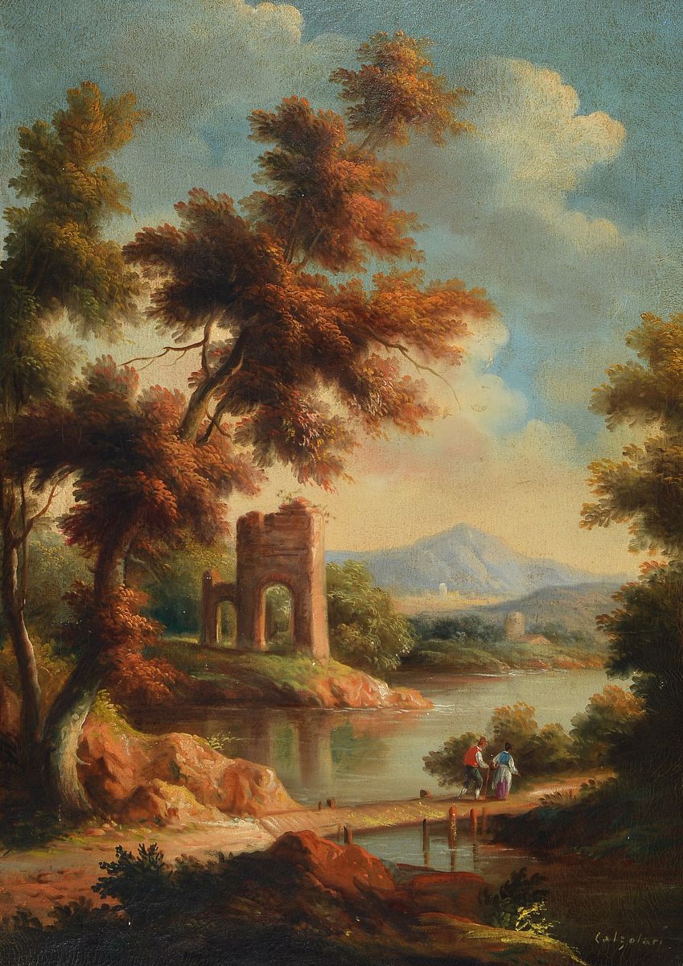 Calzonari, italienischer Maler, um 1900, Romantische Landschaft mit Flusstal und Ruine, Öl/Lwd,