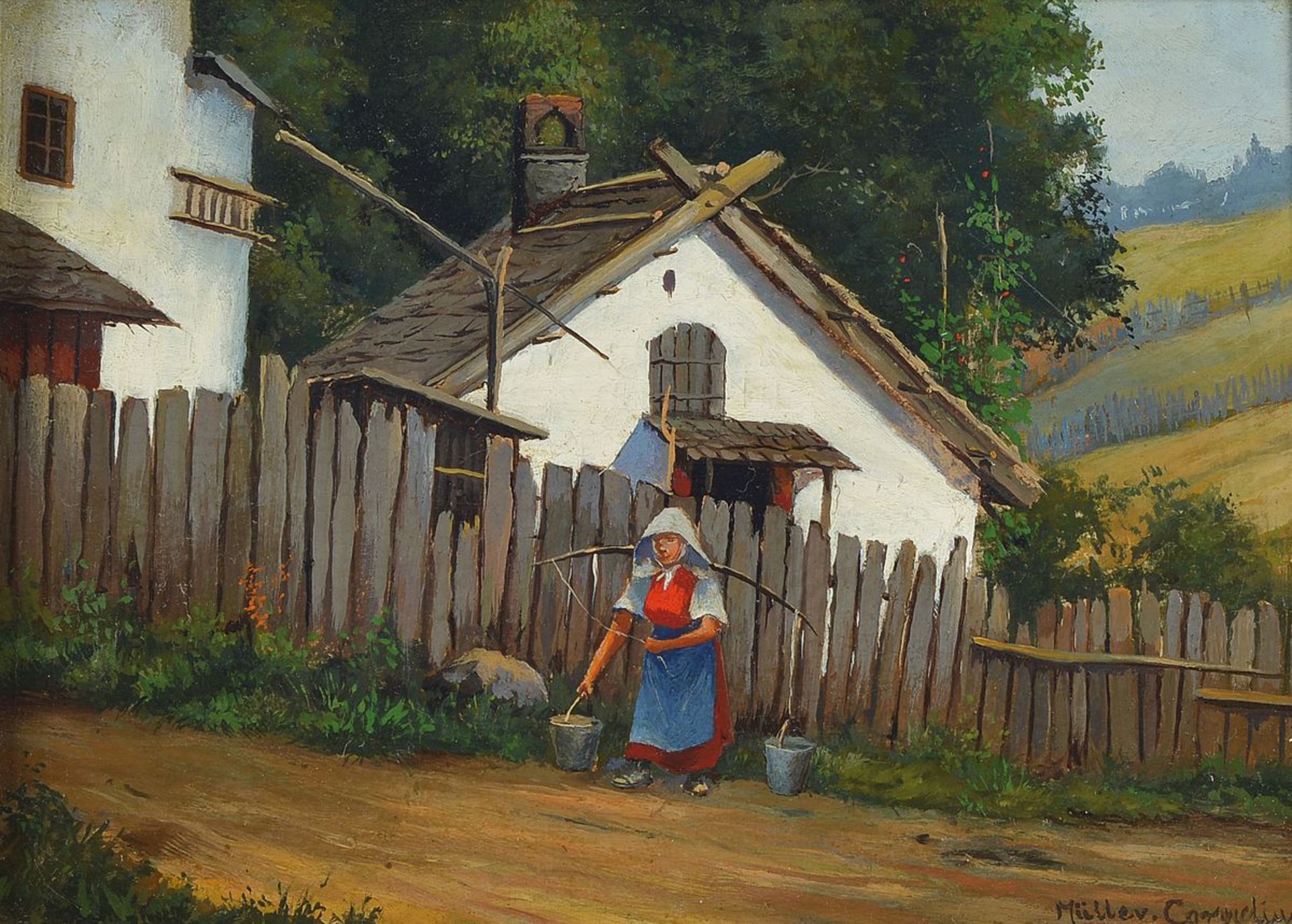 Ludwig Müller-Cornelius, 1864 München-1946, Wassertragende Frau vor Bauernhof, Öl/Holz, rechts unten