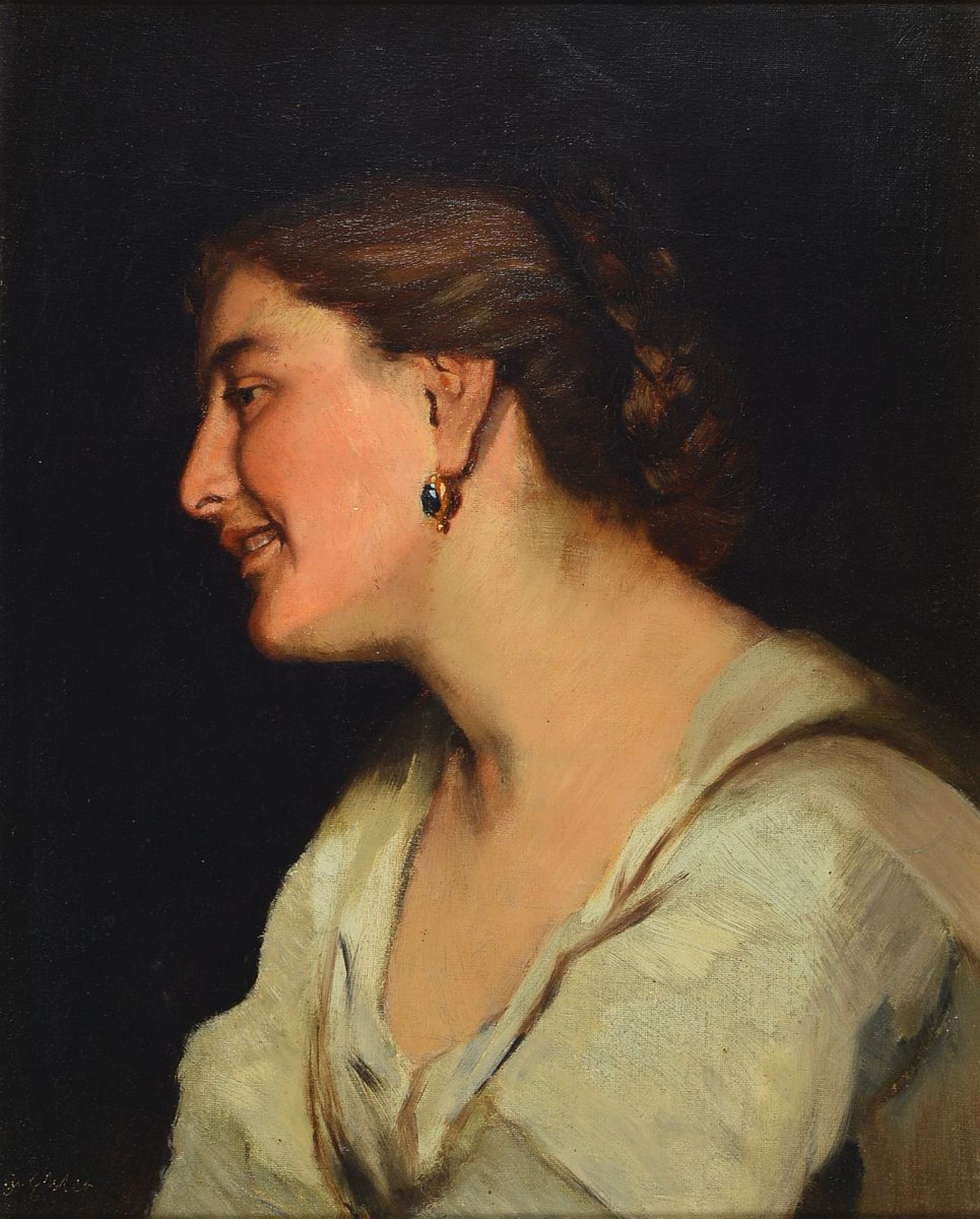 Deutscher Maler der Münchener Schule, um 1900, Profilporträt einer lachenden Frau mit blauem