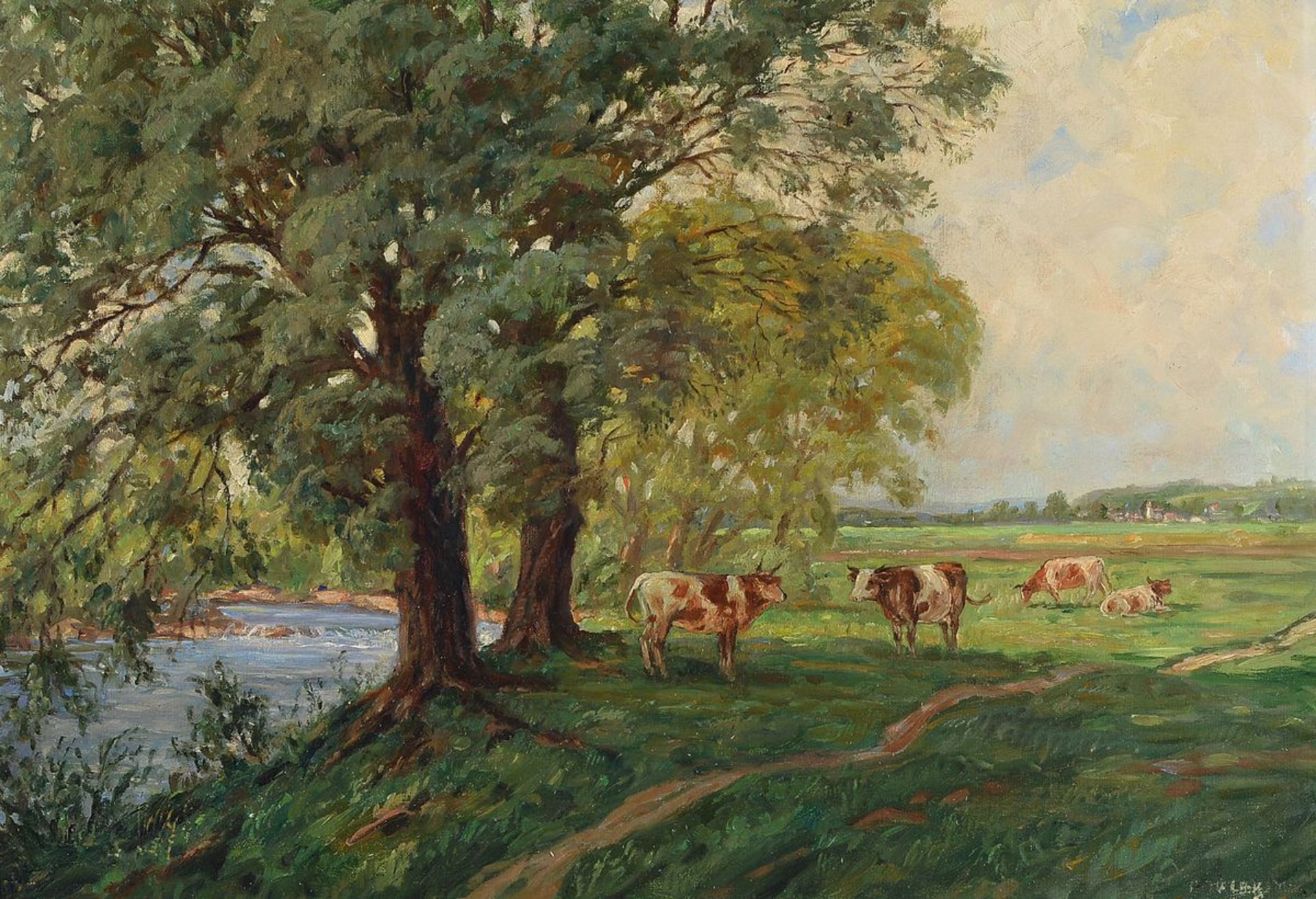 Unbekannter Künstler, um 1900, Kühe auf der Weide am Baum bestandenen Bach, Öl/Lwd, rechts unten