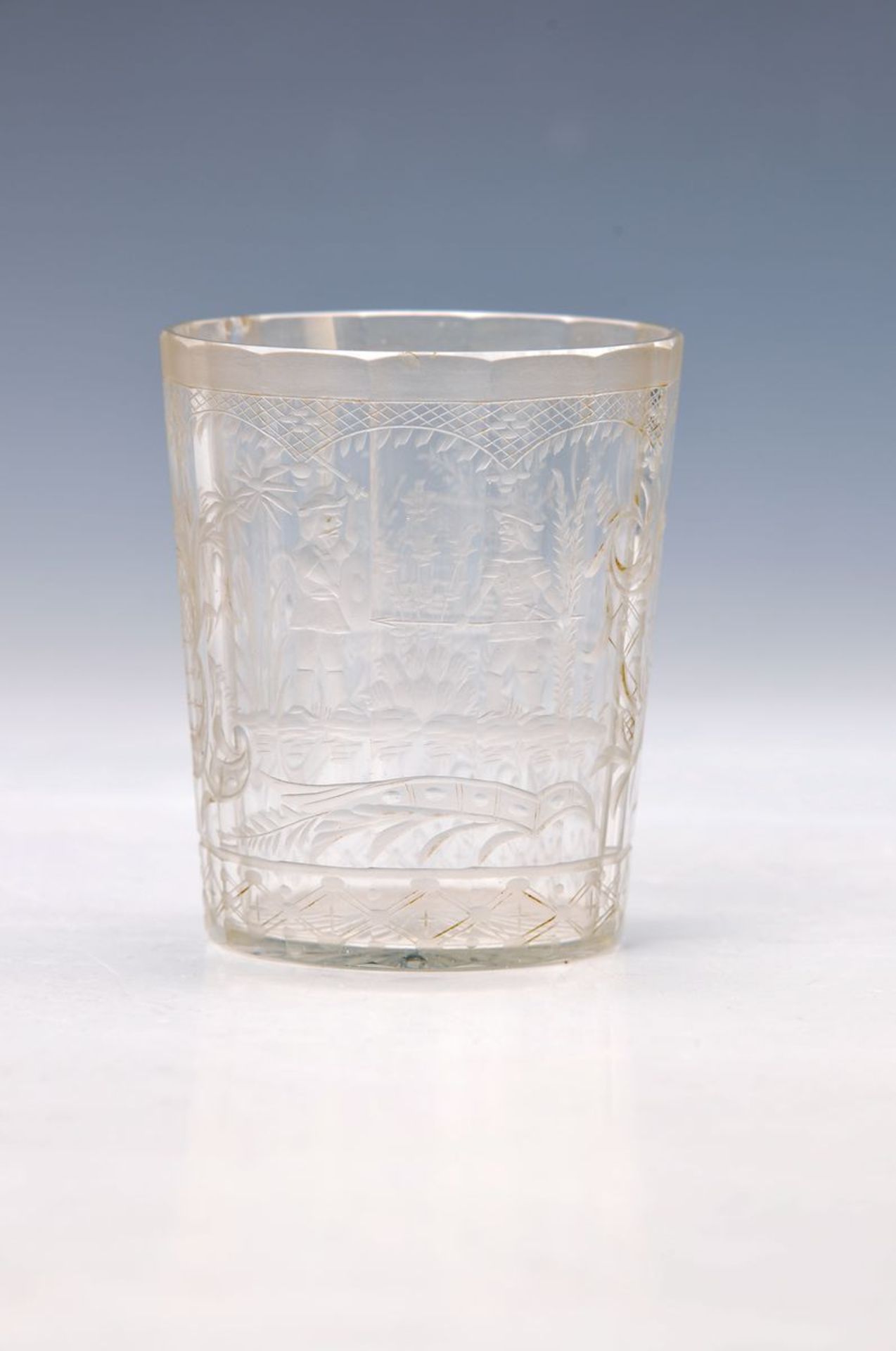 Becherglas, Böhmen, um 1790-1810, farbloses mundgeblasenes Glas, facettiert, umlaufend fein