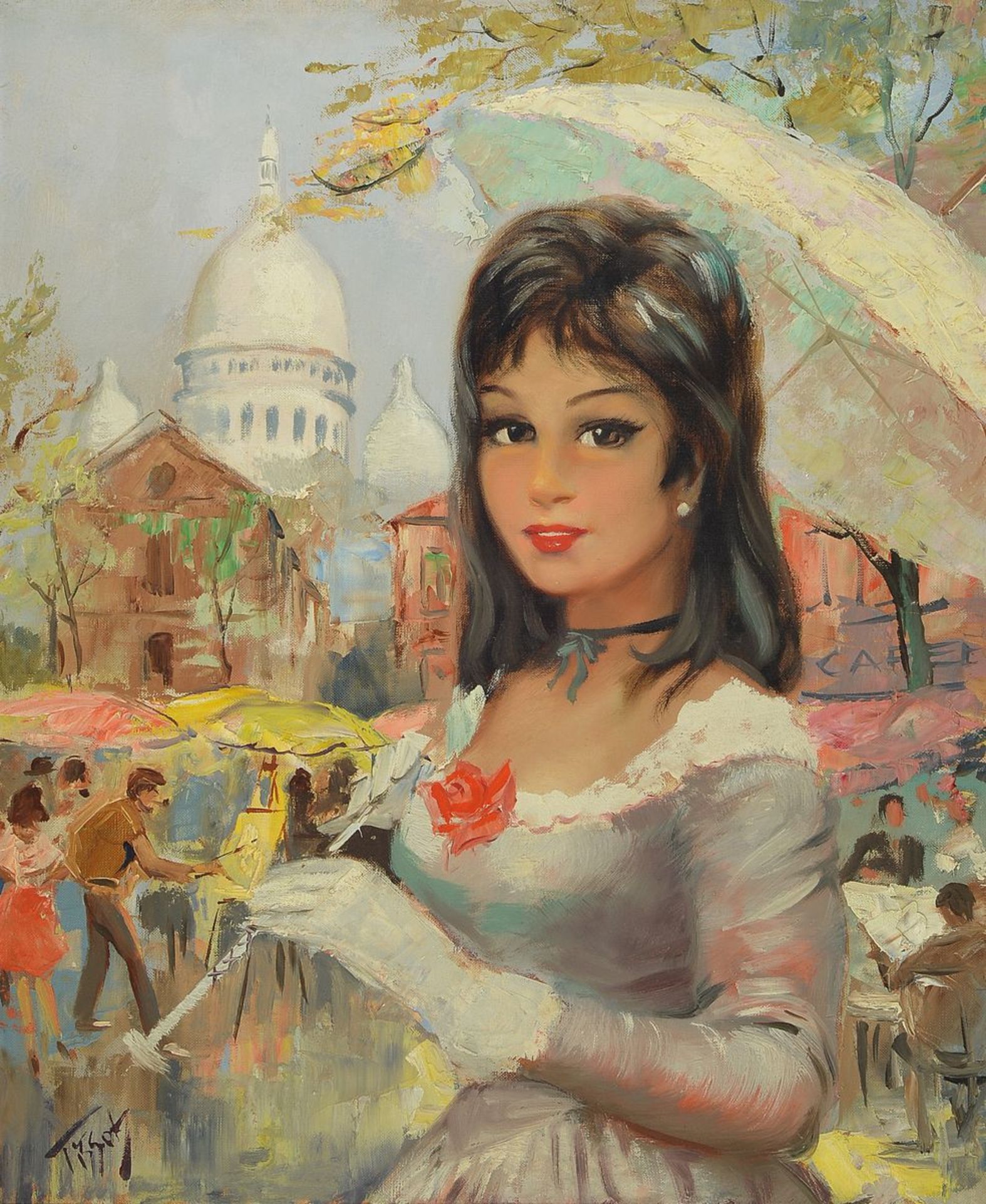 Tissot, Spätimpressionist, Mitte 20. Jh., Porträt einer jungen Frau vor Pariser Stadtkulisse, Öl/