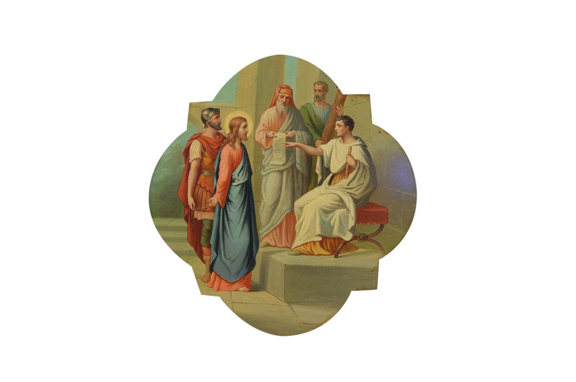 Maler der Nazarener, deutsch, 19. Jh., Christus vor Pontius Pilates, Öl/Metall, gewölbt, krakeliert,