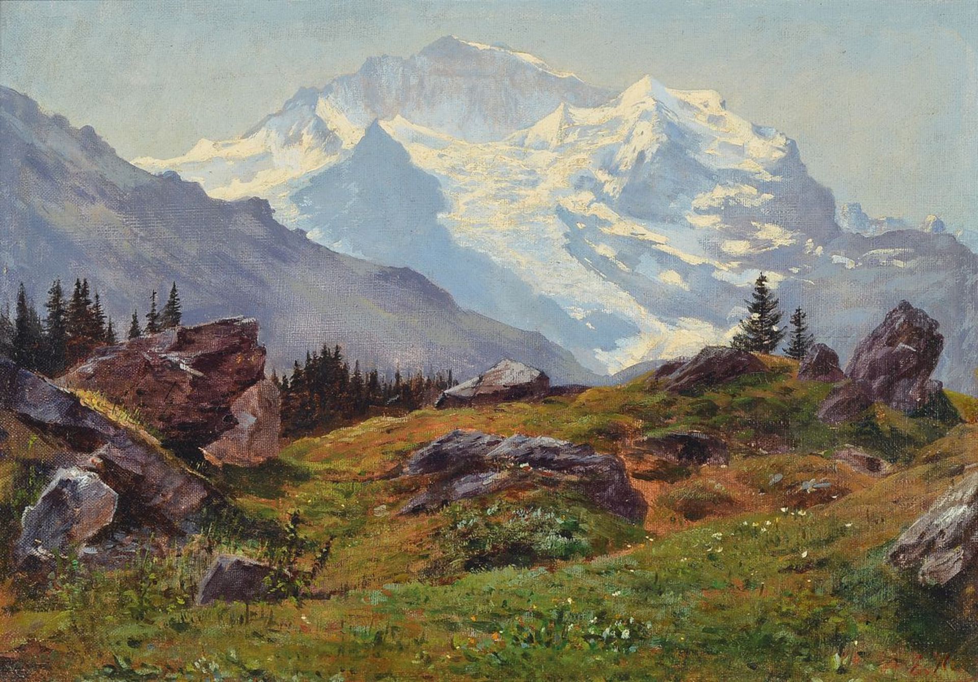 E. Ney, um 1900, Gebirgslandschaft, Darstellung Jungfrau, Öl/Lwd, 30x43 cm, unleserlich sign. rechts