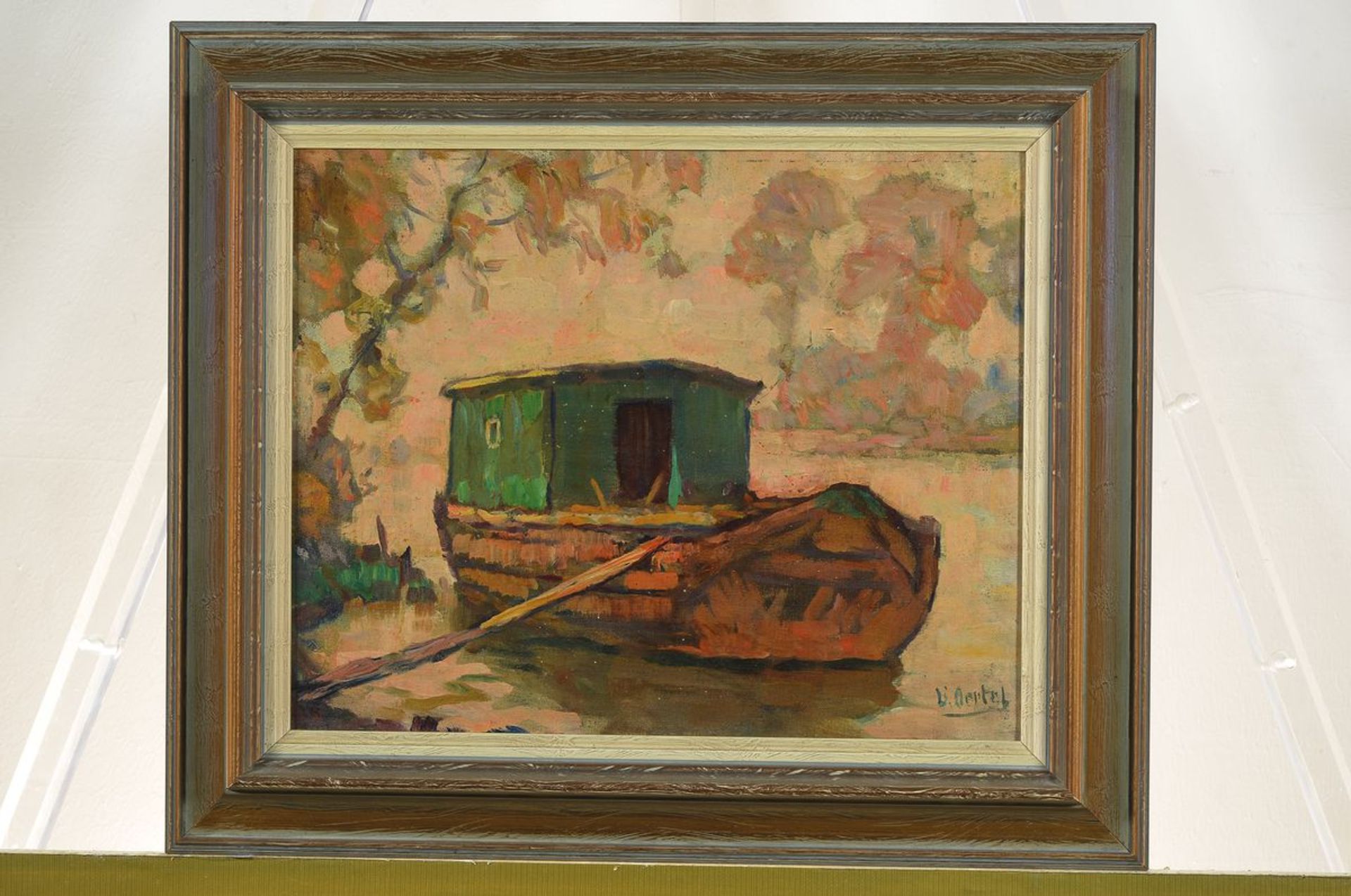 Wilhelm Oertel, 1870 München-1933, Hausboot, Öl/Malkarton, rechts unten signiert, ca. 30x37cm, R. - Bild 3 aus 3