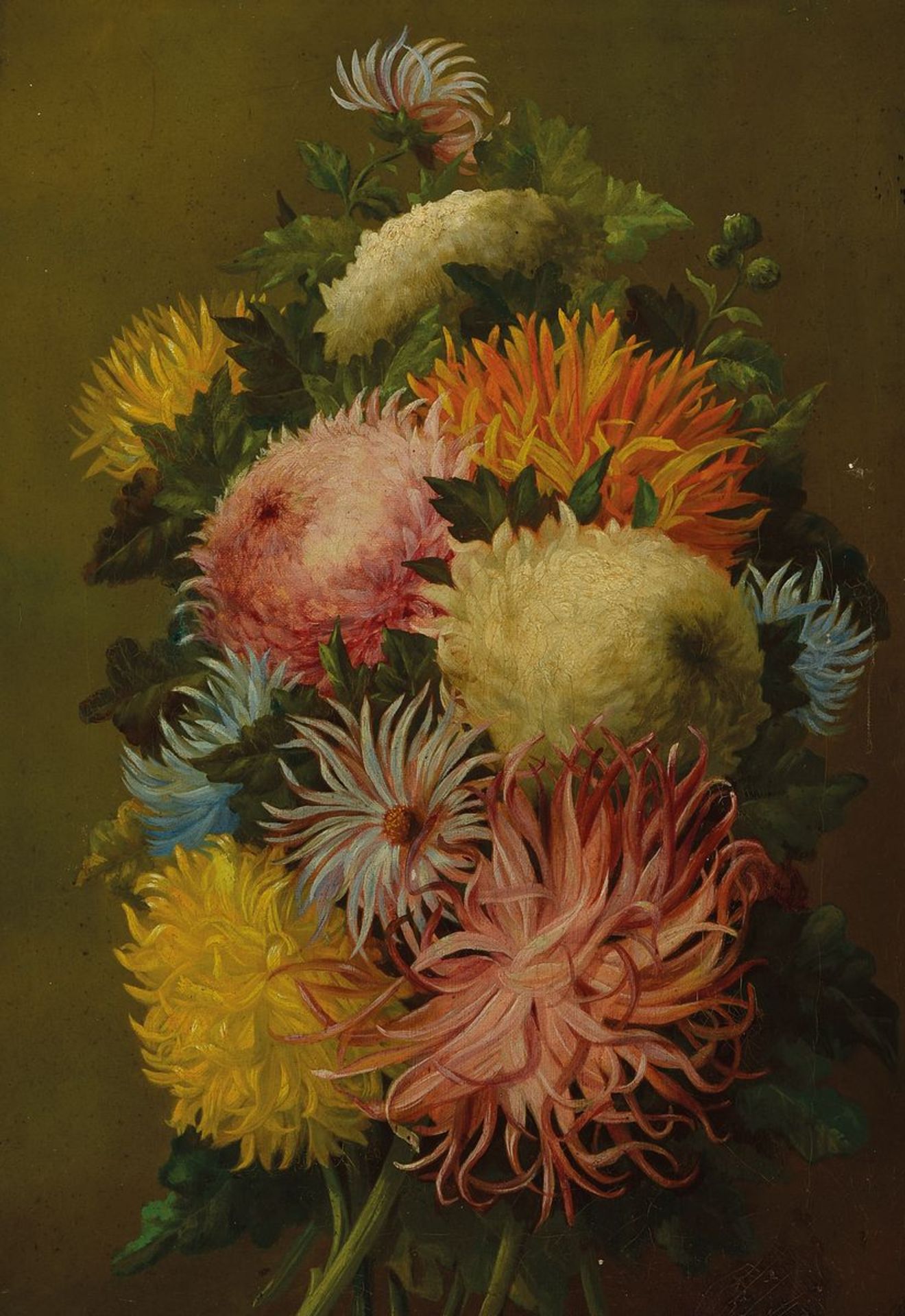 Englischer Künstler, Mitte 19. Jh., üppiges Blumenstillleben, Öl/Lwd., Chrysanthemen, sehr schöne