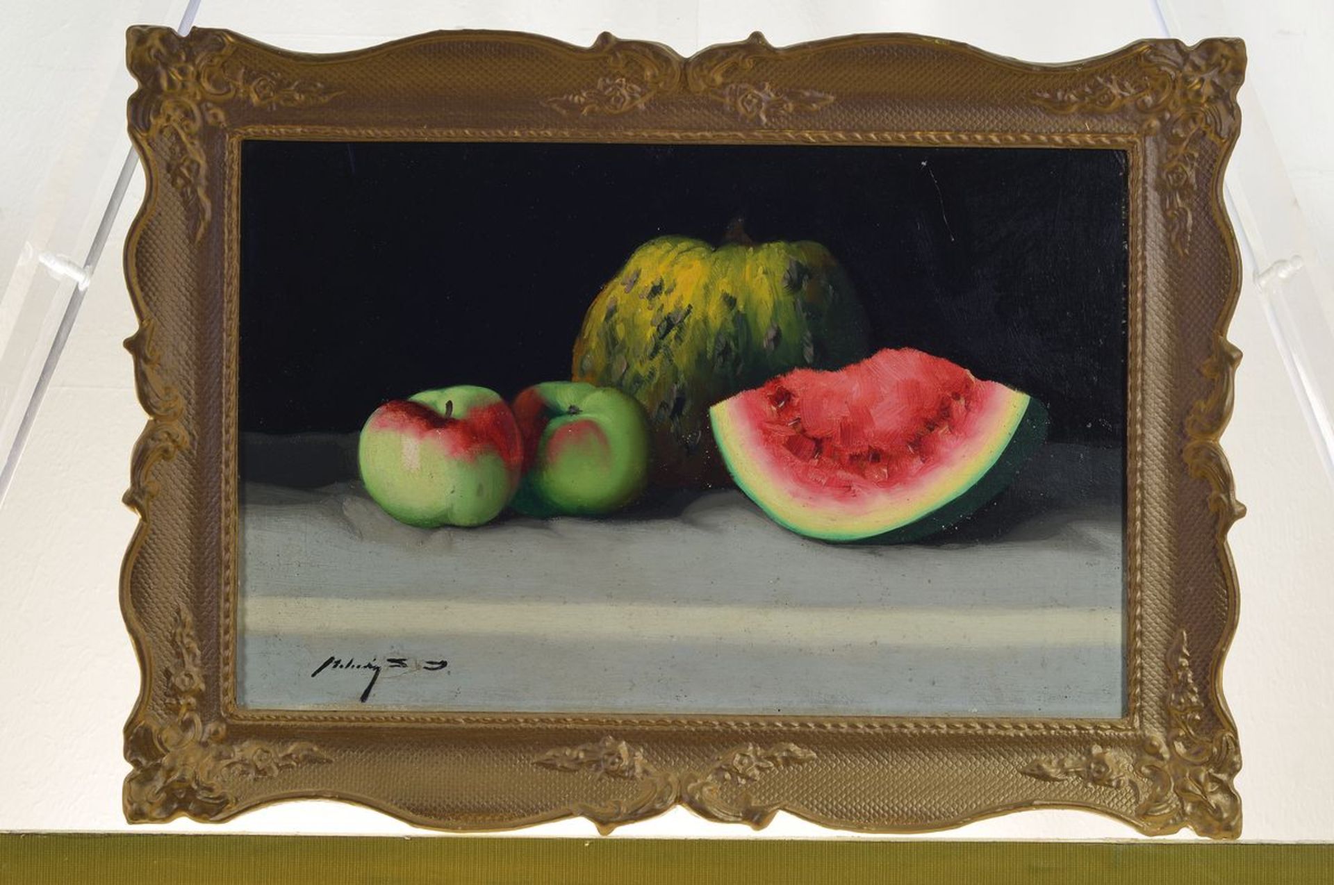 Janos Zoltan Molnar, 1860-1960, ungarischer Stilllebenmaler, Stillleben mit Melone und Äpfeln, Öl/ - Bild 3 aus 3