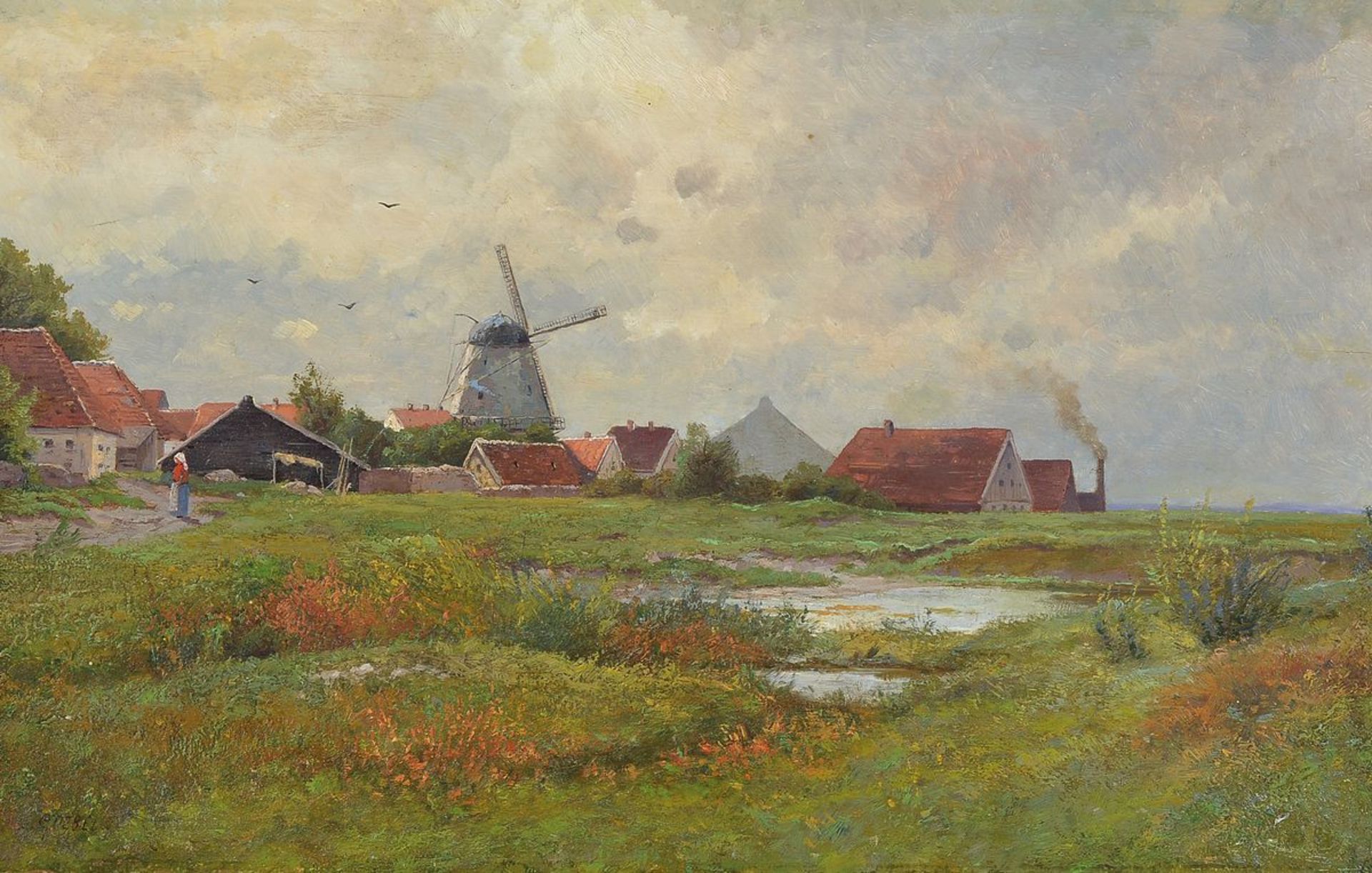 Otto Göbel (1865-1903), weite Landschaft mit Dorf mit Windmühle u. Bäuerin, Öl/Holz, links unten