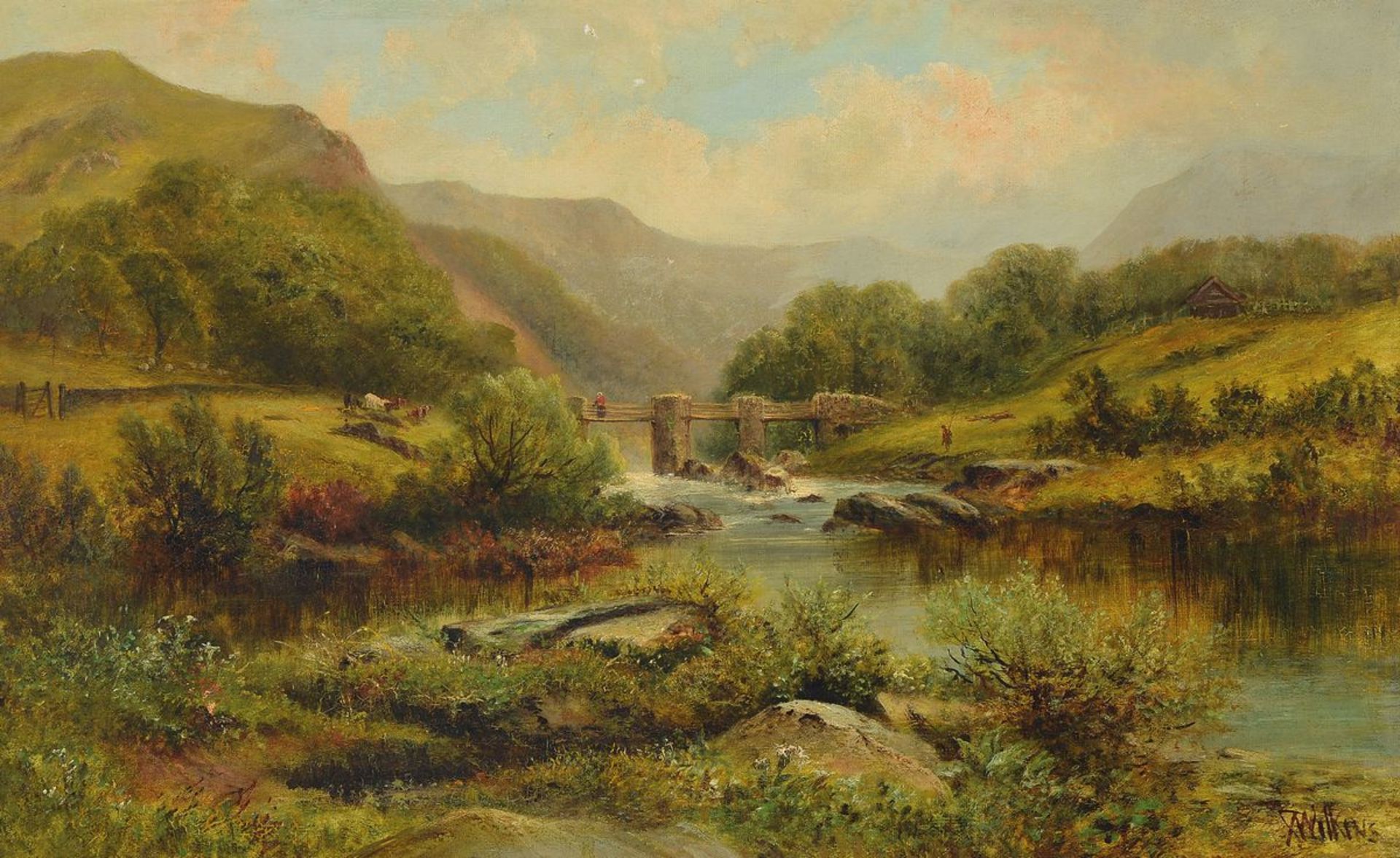 Wilkins, britischer Maler, um 1900, Sommerliche Landschaft mit Bachlauf und Frau auf Brücke, Öl/Lwd,