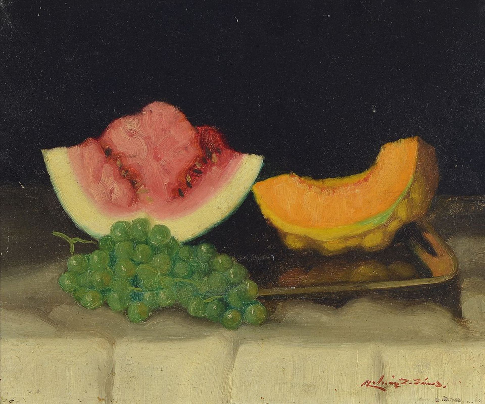 Janos Zoltan Molnar, 1880-1960, ungarischer Stilllebenmaler, Stillleben mit Melonenstücken und