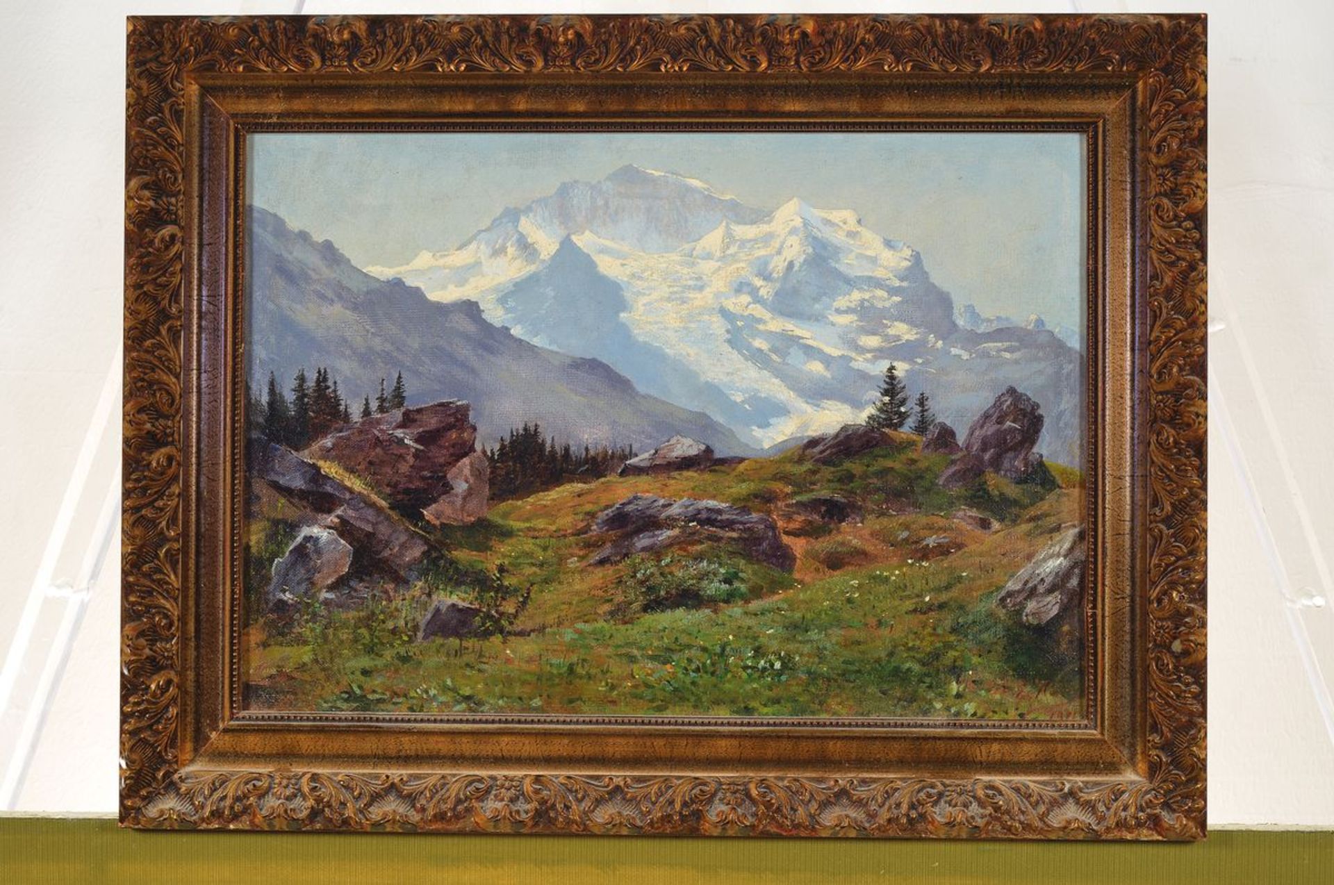 E. Ney, um 1900, Gebirgslandschaft, Darstellung Jungfrau, Öl/Lwd, 30x43 cm, unleserlich sign. rechts - Bild 3 aus 3