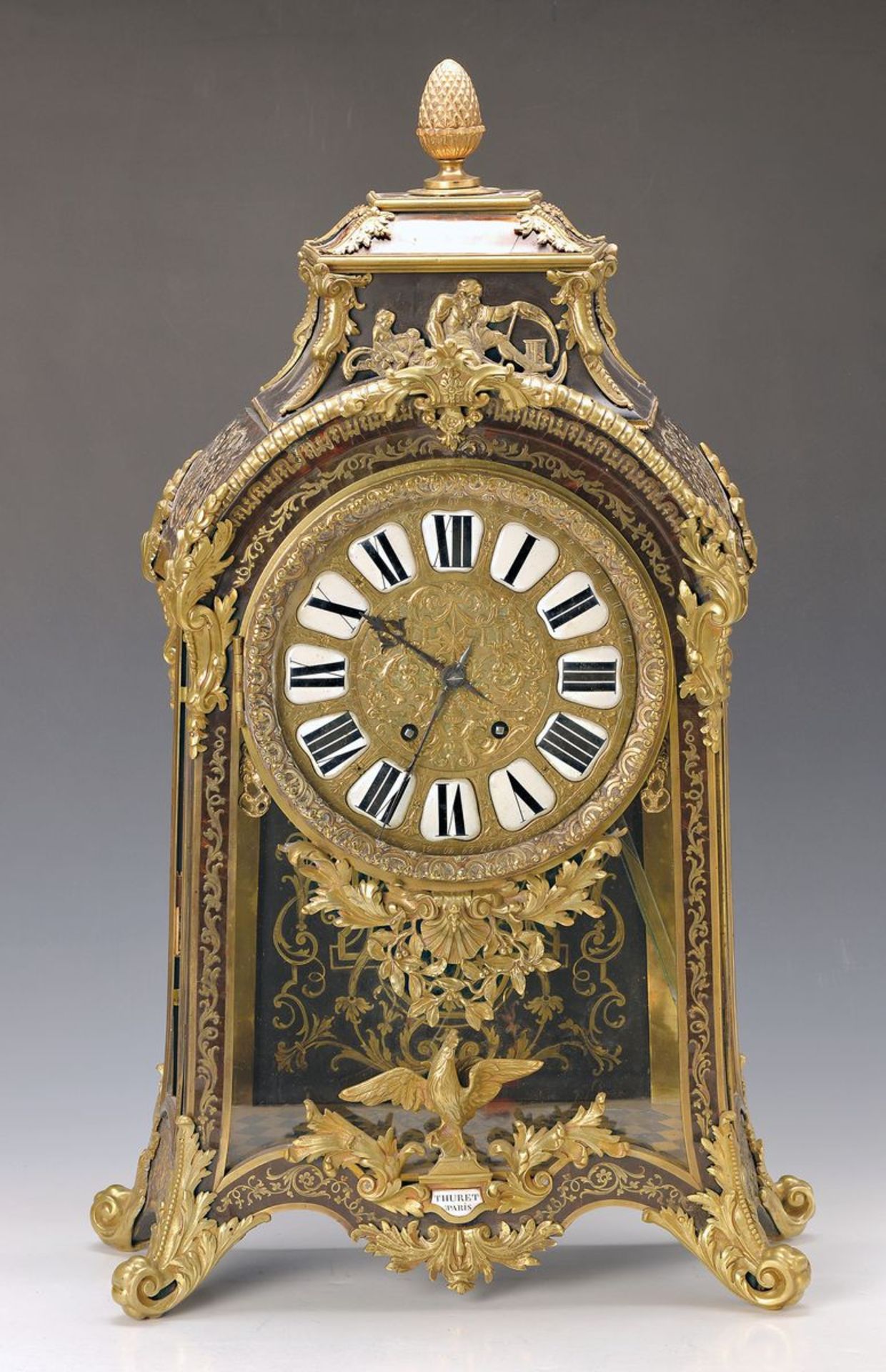 Boulle-Uhr, Frankreich um 1860, Holzgehäuse mit Boulle Technik, einige Einlagen fehlen, reich mit