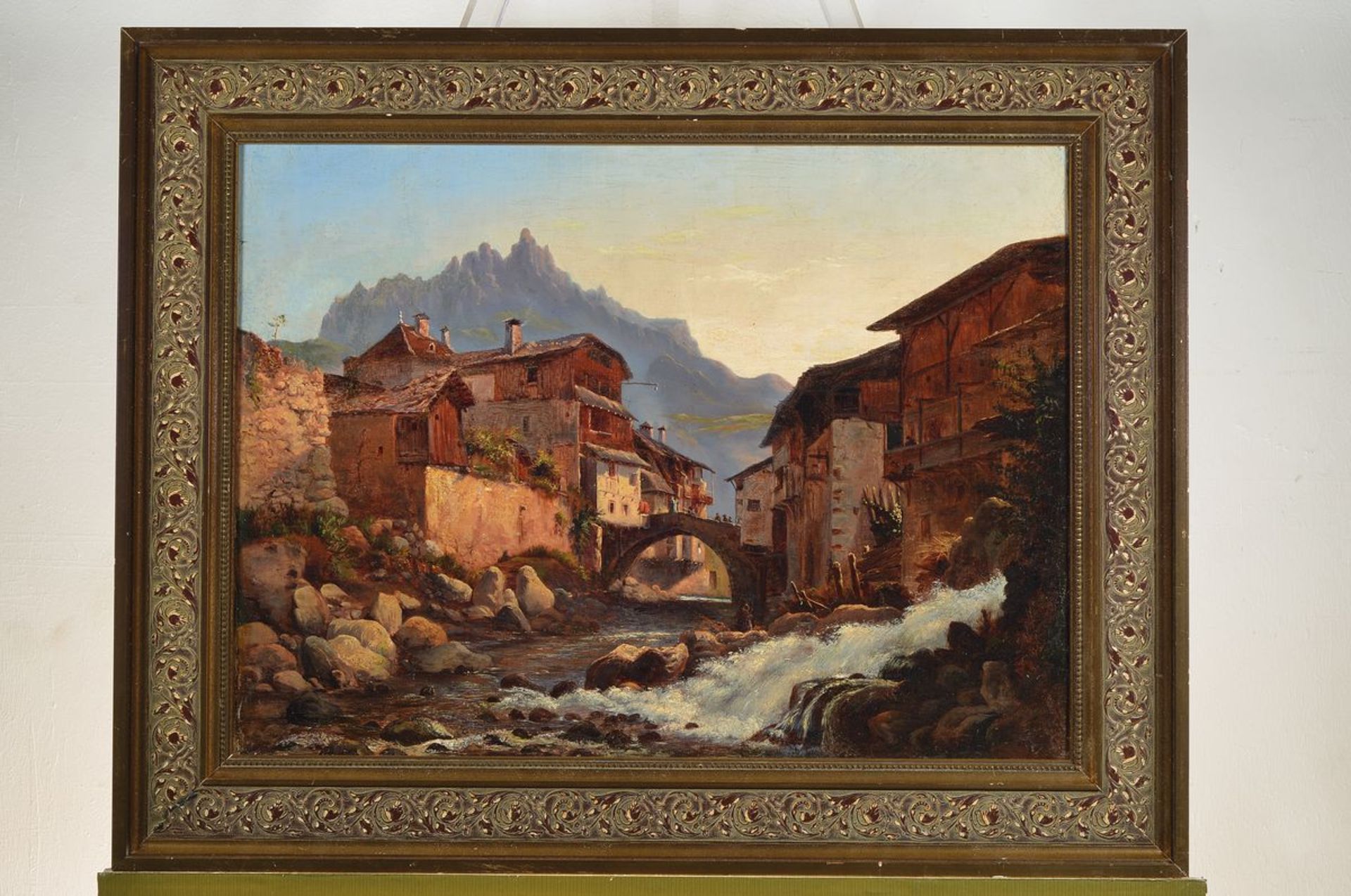 Unbekannter Maler der Mitte des 19. Jh., Blick auf ein Dorf in der Lombardei (Chiavenna), Öl/Lwd, - Bild 2 aus 2