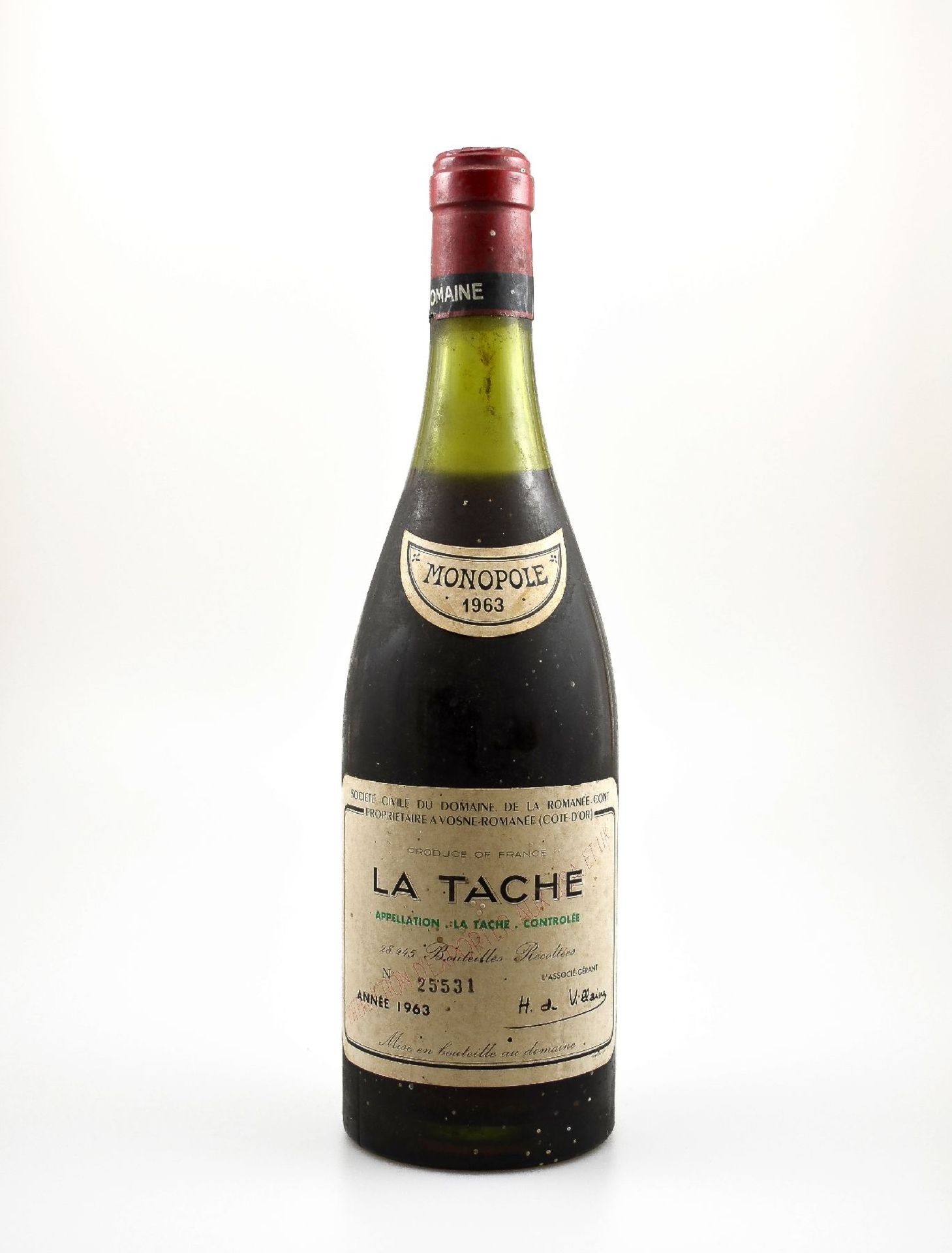 1 bottle 1963 La Tache Domaine De La Romanee- Conti, distance between capsule and wine: approx 4 cm,