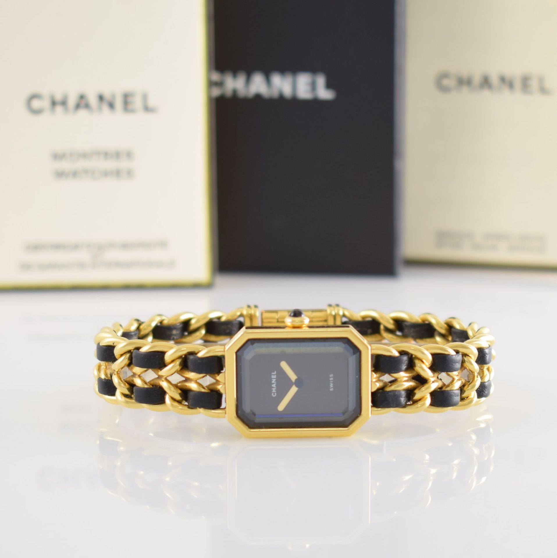 CHANEL ladies wristwatch model Premiere, quartz, gold-plated metal case with jeweled crown, gold-