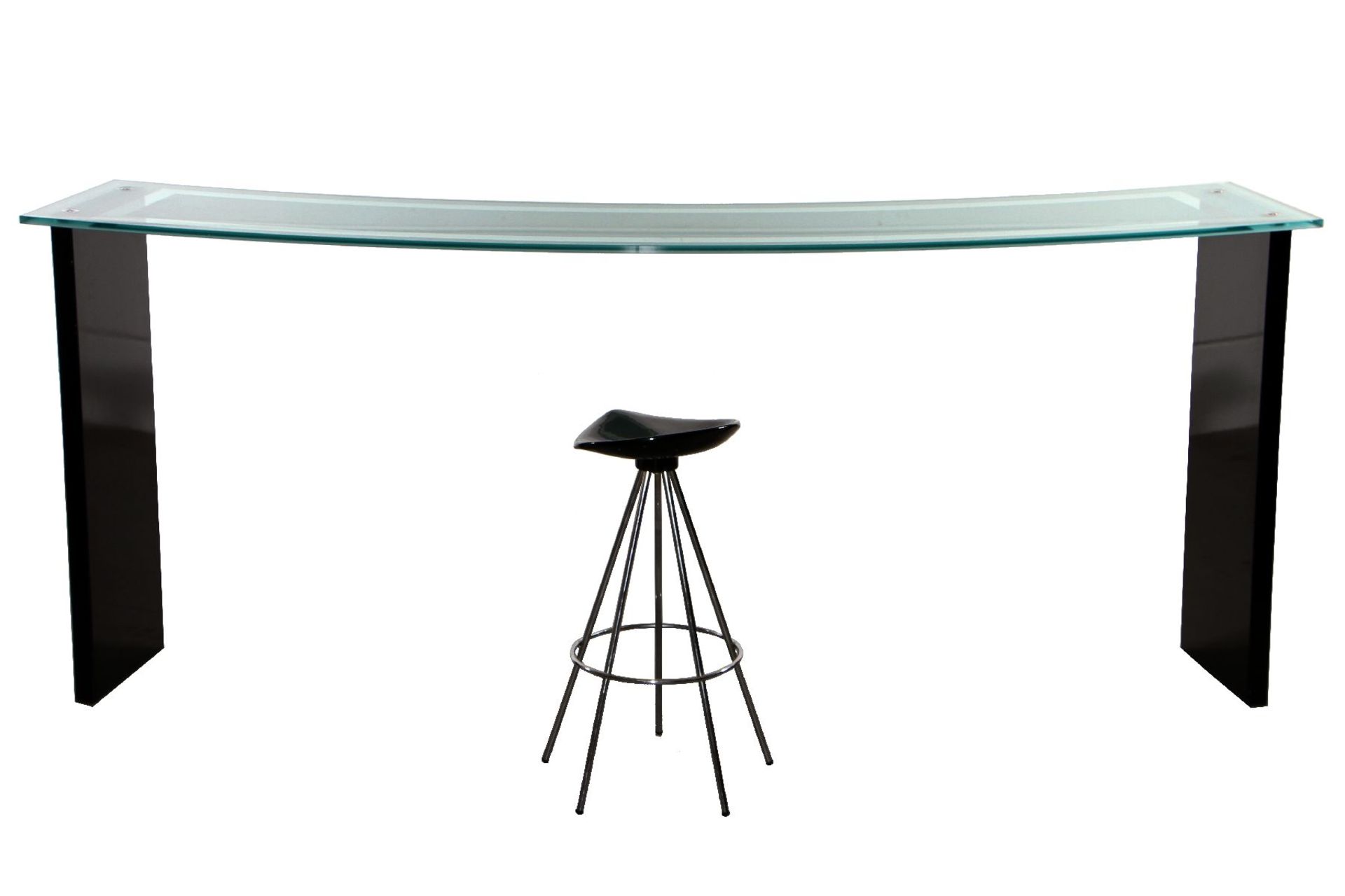 Bar Table With Stool, wood, lacquered black, bottom of glass satin coated, waved shape, edges
