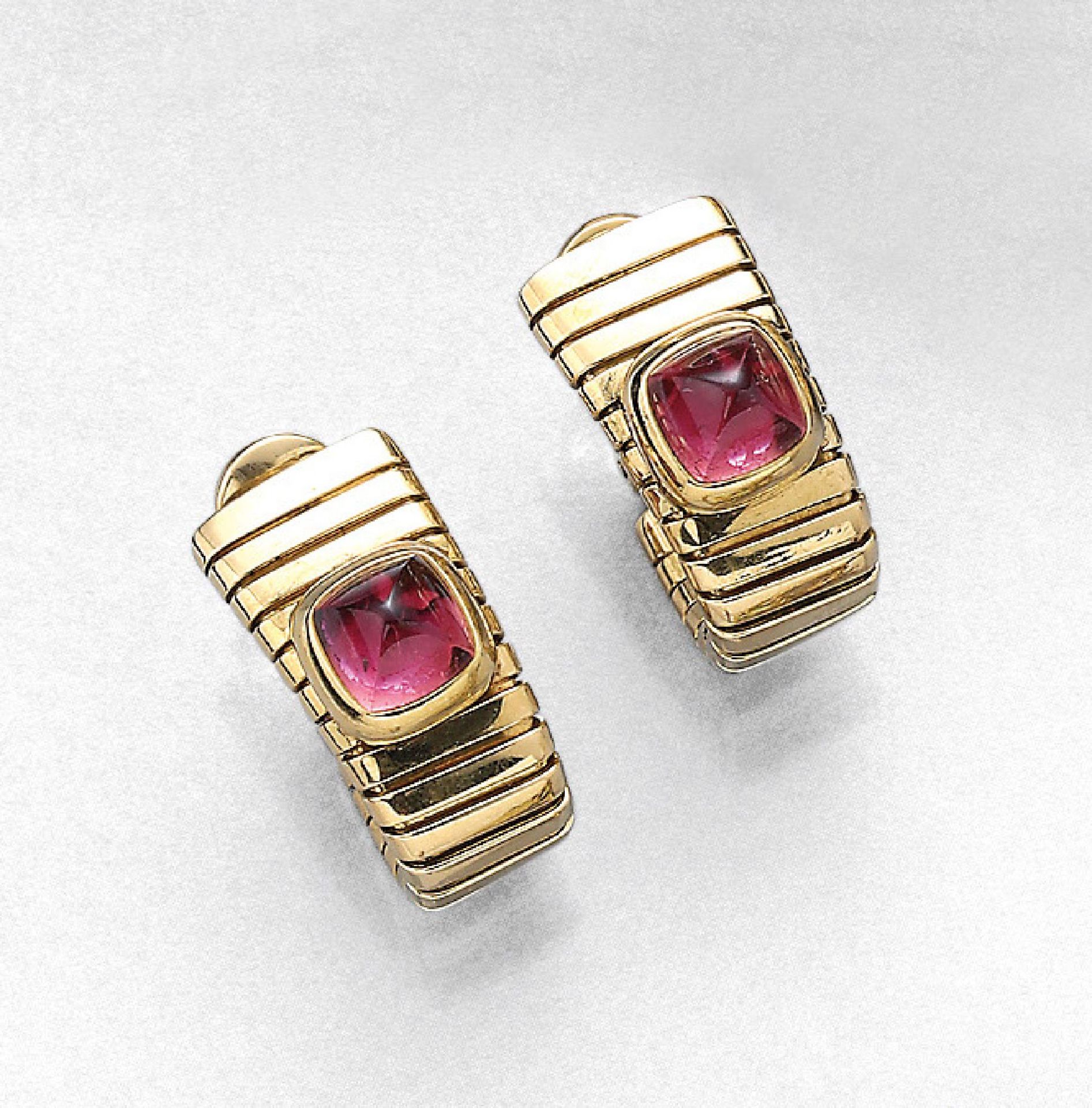 Pair of 18 kt gold BULGARI hoop clips with tourmalines , YG 750/000, rubellite total approx. 2.0 ct,