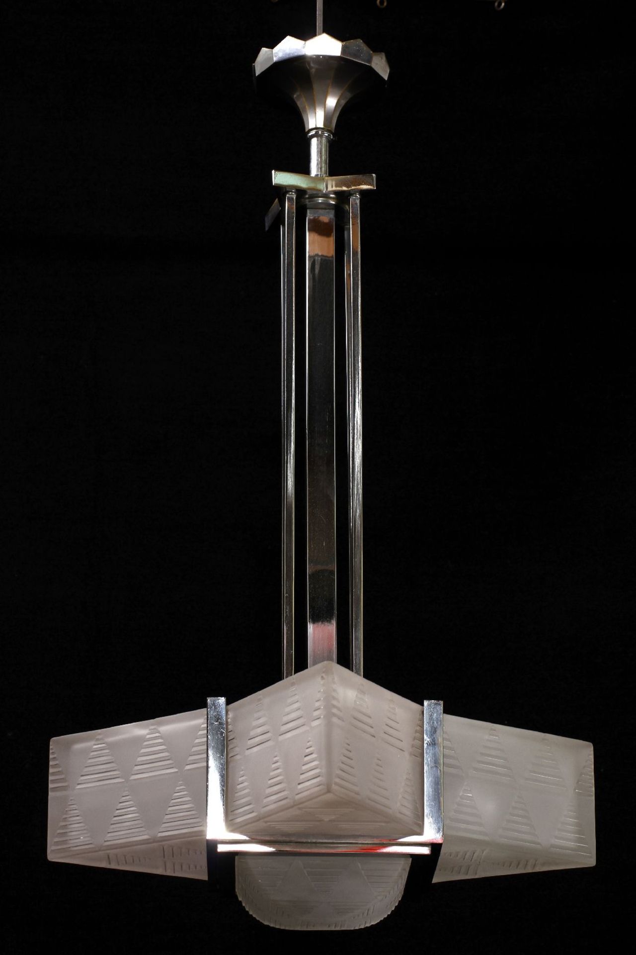 Abstract Overhead Light, Art Deco, around 1930/35, metal chromed, 4 pillars, glass corpus shaped