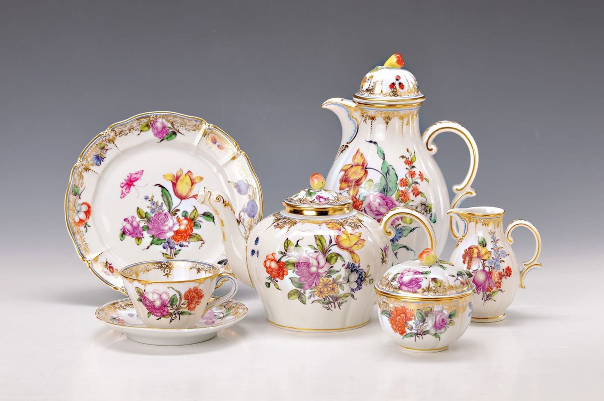 coffee set, Cumberland, Nymphenburg, 20th c., thin walled, fine porcelain, masterly painted with