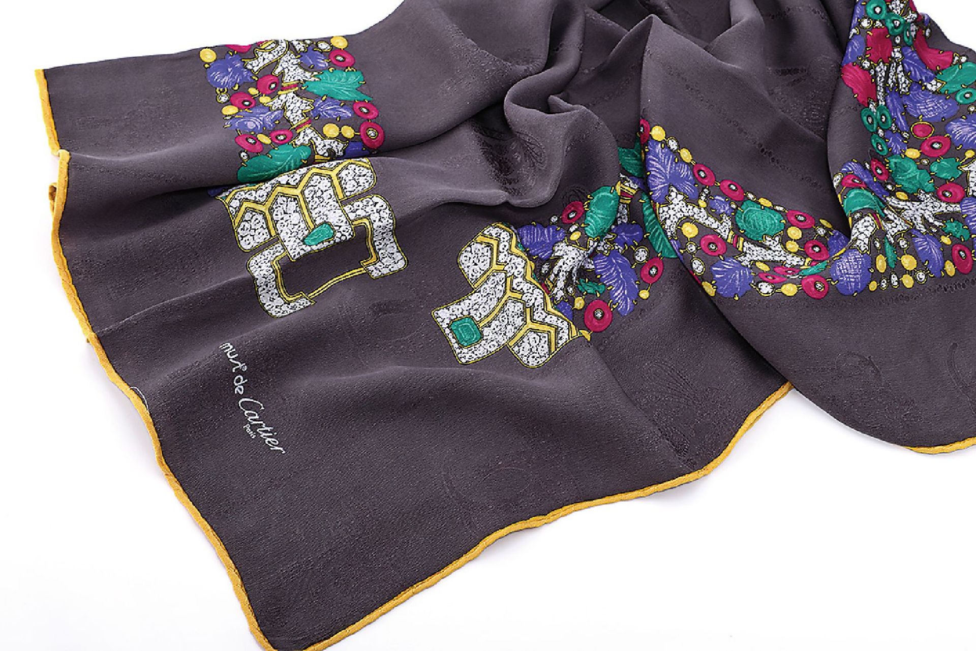 CARTIER carree , 100 % silk, Paris, ground grey, with circular colorful belt decor, edgesrolled,