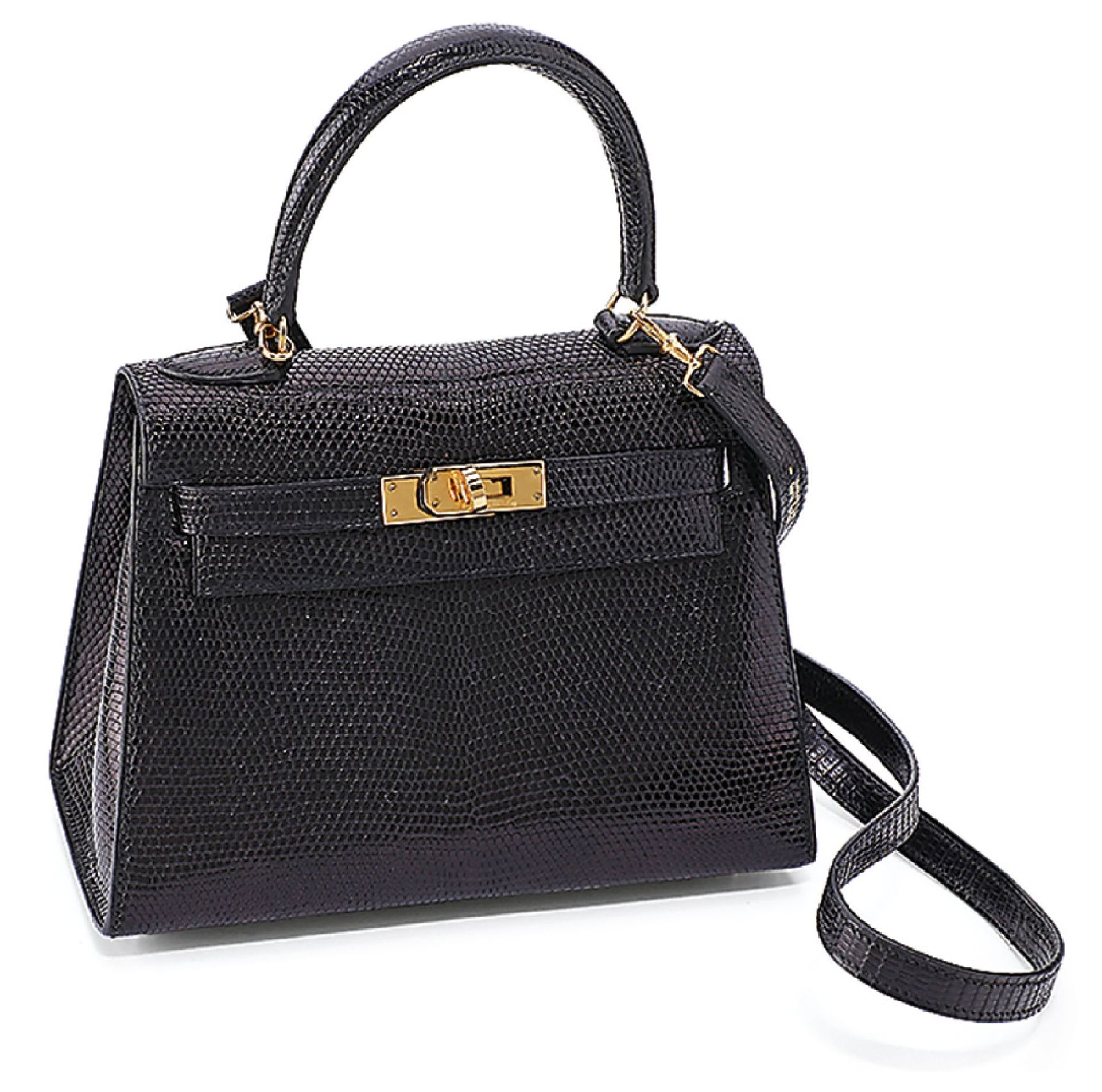 HERMES Mini Kelly 20, "Salvator Lizard Salier" , lizard, from 1997, shiny black, appliques gold