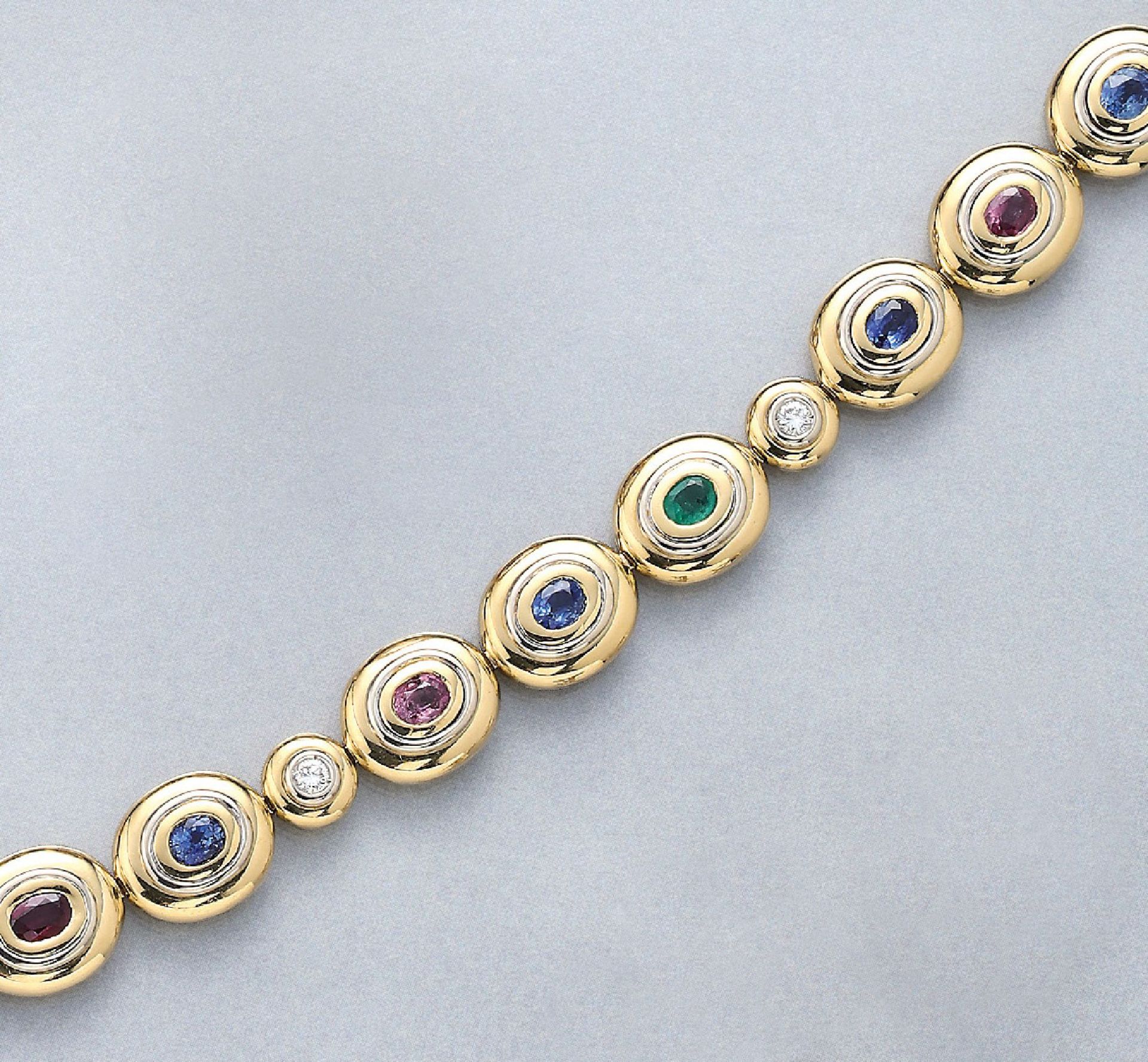 18 kt gold WEMPE bracelet with coloured stonesand brilliants , YG 750/000, 12 oval bevelled