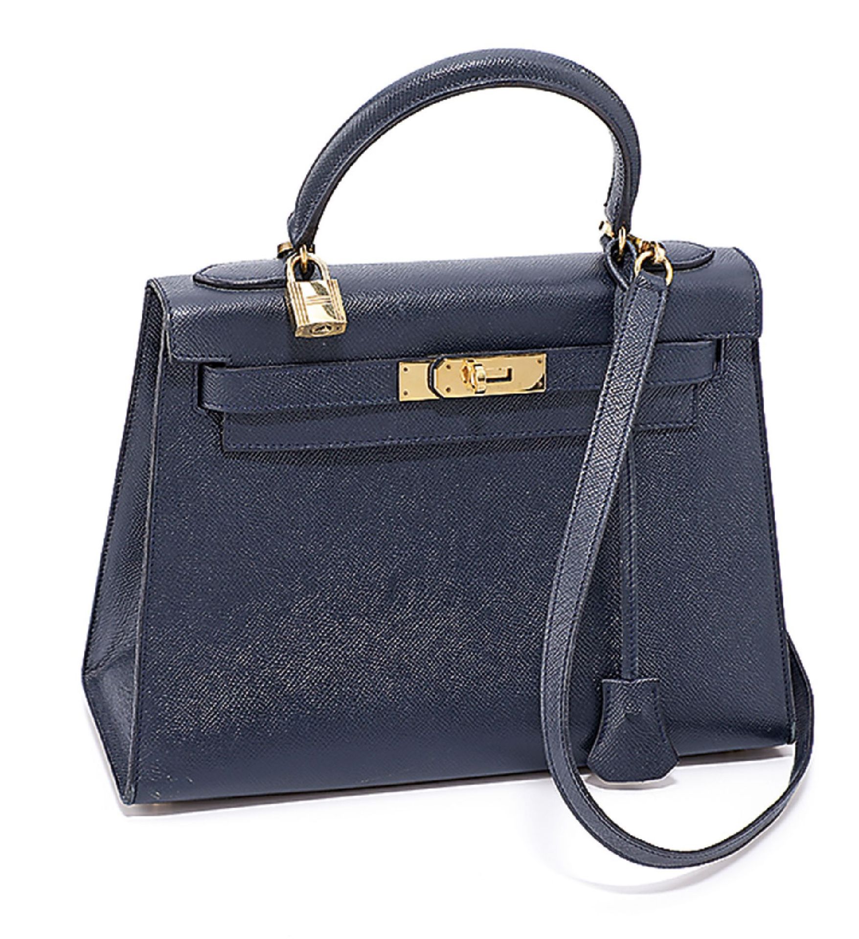 HERMES Kelly Bag 28, "Petit Sac Haut a Courroies" , blue Courchevel/calf leather, trapezoidal