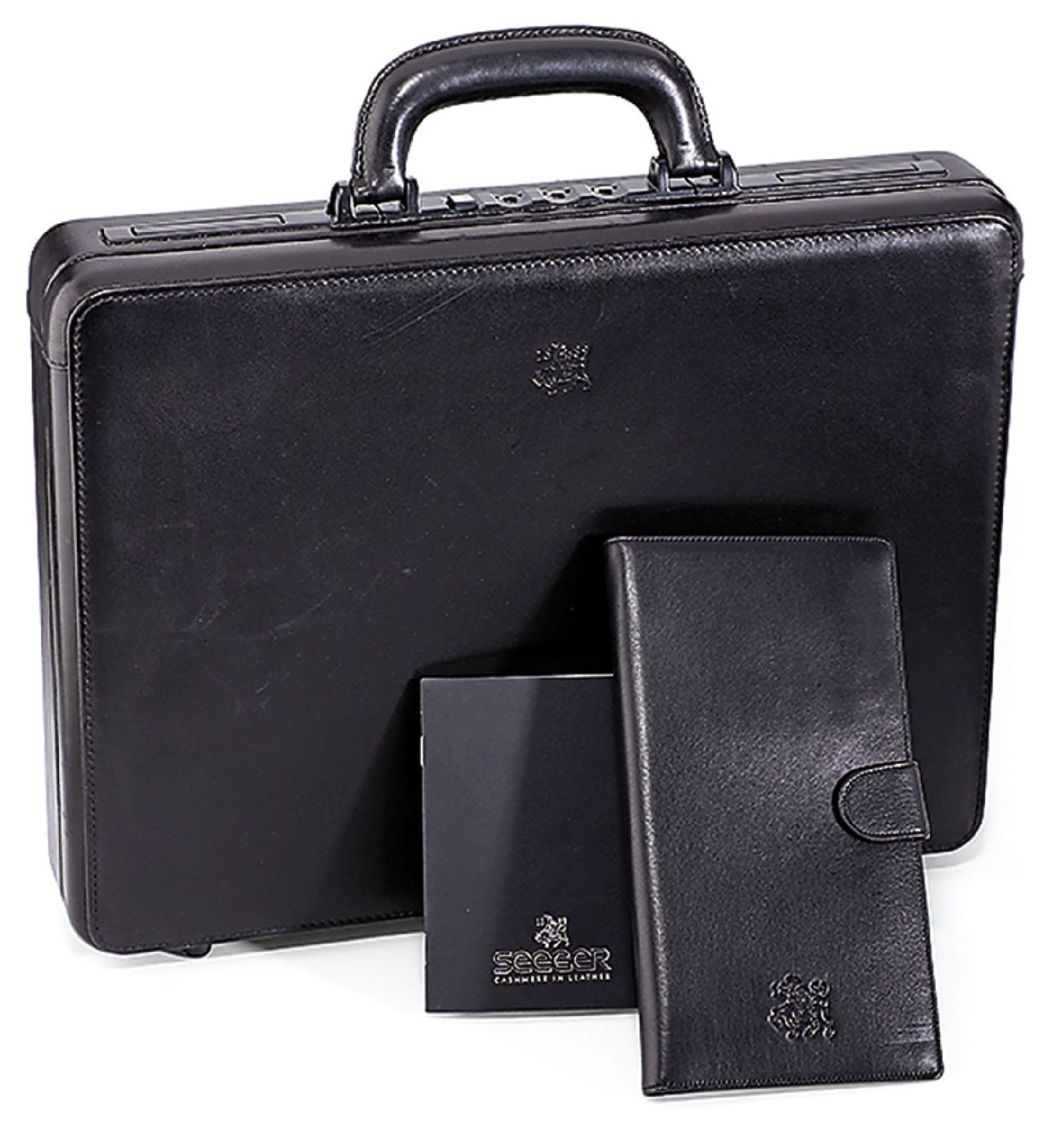 SEEGER attache case and wallet, finest black lamb nappa , one handle, combination locks, inside