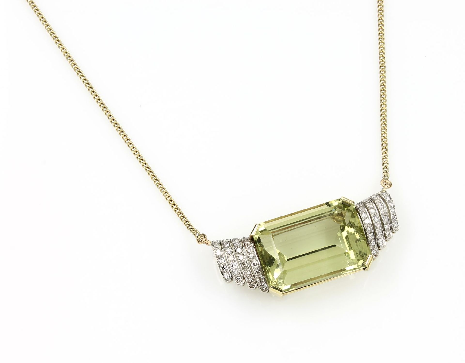 14 kt gold necklace with heliodor and diamonds , YG 585/000, middle part with bevelled heliodor