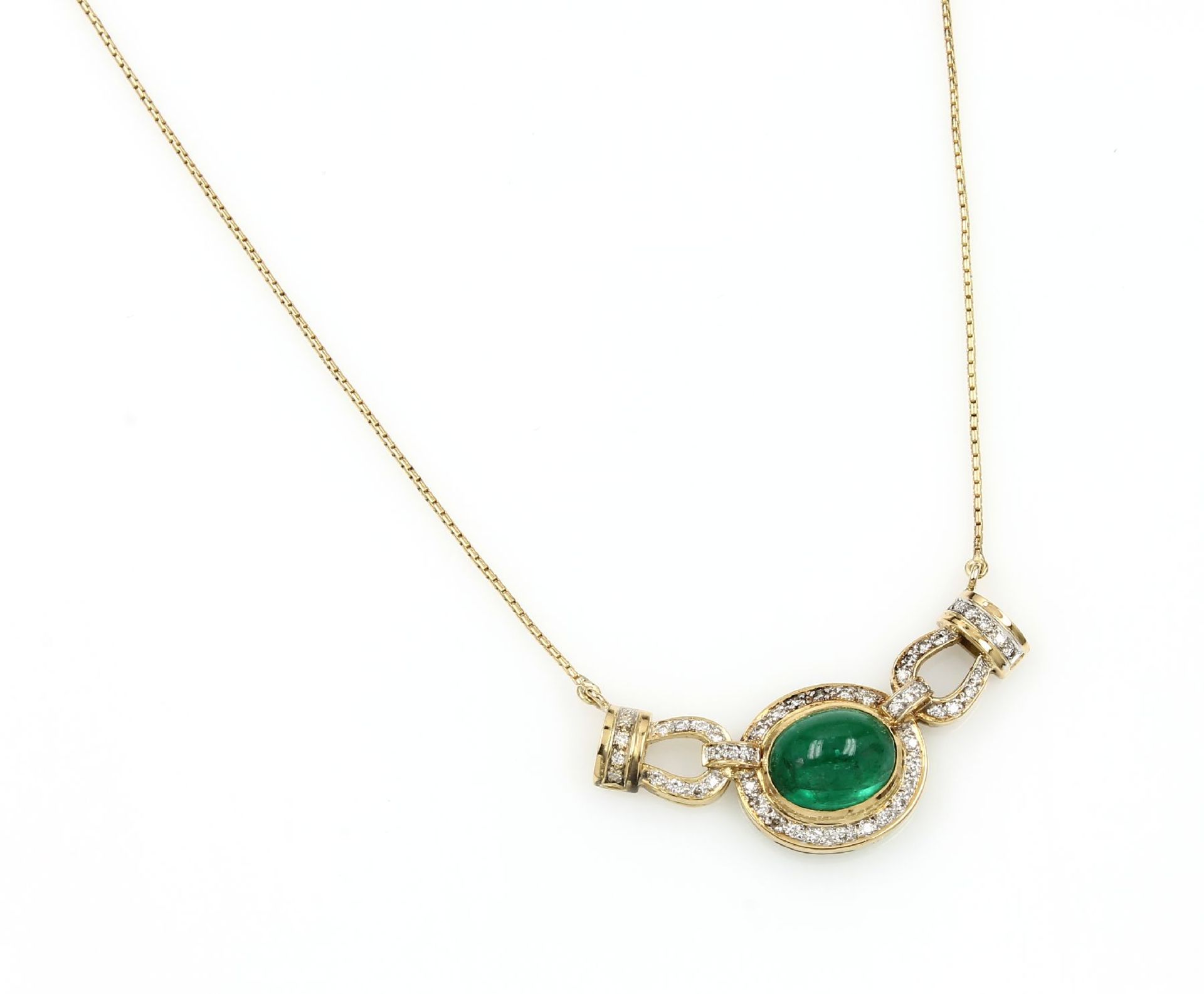 18 kt gold necklace with emerald and brilliants , YG 750/000, middle part with oval emerald