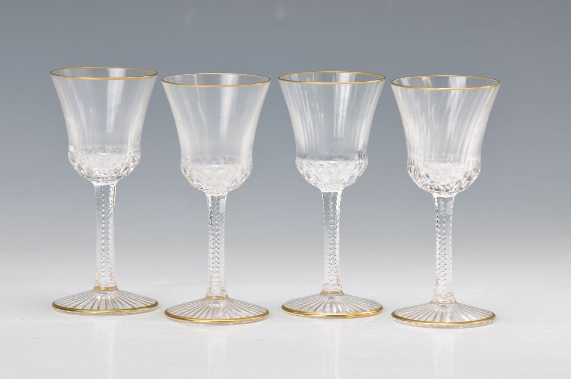 Six liqueur glasses, Saint Louis, etched decor, gold rim, H. 10.5 cm