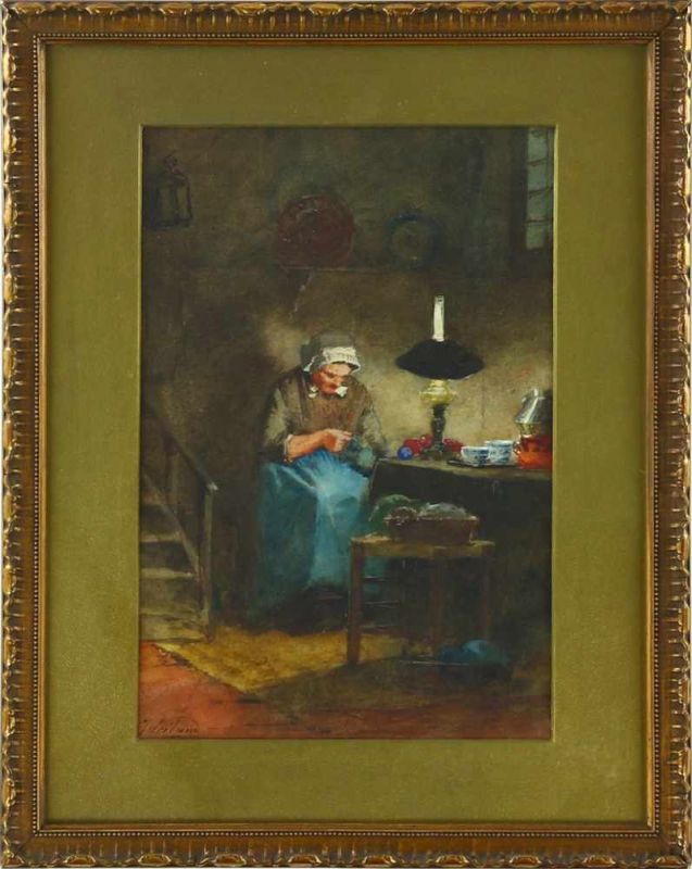 Johannes Weiland (1856-1909), handwerkende vrouw in interieur, gesigneerd, aquarel, -40 x 25 cm.-