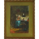 Johannes Weiland (1856-1909), handwerkende vrouw in interieur, gesigneerd, aquarel, -40 x 25 cm.-