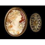 14kt geelgouden broche gezet met een schelpcamee van een dame en profil - afmeting 45 x 34 mm -