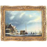 Hollandse School: ijsgezicht met koek-en-zopie, olieverf op doek - 23 x 33 cm -