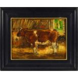 Dirk (Eibrink-) Jansen (1878-1952), stier in stal, olieverf op paneel, geisgneerd -29 x 39 cm.-
