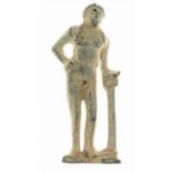 A lovely ancient bronze statuette, Apollo (?), resting on column (height ca. 3.5 cm.)