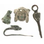 A lot with 2 late-Roman bronze belt hooks, a bronze miniature in the shape of a beaver and a