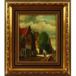 Hollandse School: stadsgezicht met figuren,. olieverf op paneel, gemon. G.S.L., - 30 x 25 cm -