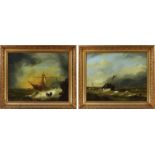 Hollandse School: paar zeegezichten, schepen in de storm, onuidelijk monogram, gedateerd 1860
