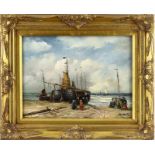 Hollandse School: vissersboten op het strand, olieverf op paneel, gesigneerd Z. Sila -29,5 x 38-