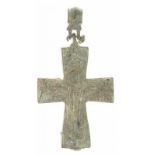 A Byzantine encolpion (reliquary bronze cross), with suspension loop, with the pictures of Christ,