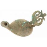 An attractive bronze Byzantine oil lamp, ca. 5th to 7th century AD, with protruding spout and lovely