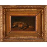 Bernard te Gempt (1826-1879), slapende kat, olieverf op doek, marouflé, gesigneerd r.o. -14 x 23 cm-