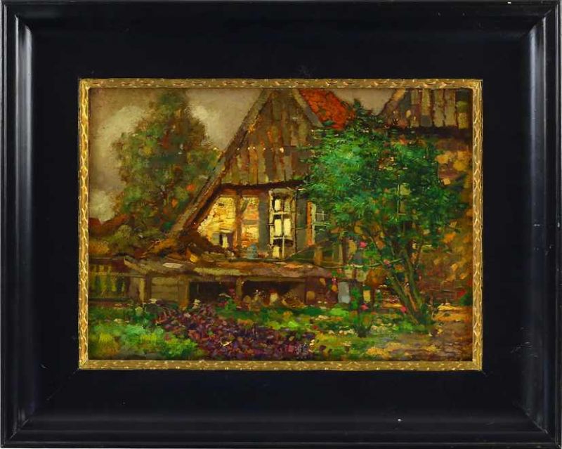 Dirk (Eibrink-) Jansen (1878-1952), toegeschreven, boerderijtje met schuur, olieverf op paneel,