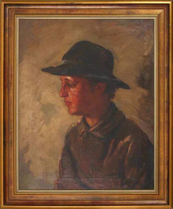 Hollandse School: portret van een jongen met hoed, olieverf op doek - 45 x 57 cm -