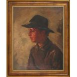Hollandse School: portret van een jongen met hoed, olieverf op doek - 45 x 57 cm -
