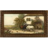 Hollandse School: boerenerf met paarden en pluimvee, olieverf op doek - 40 x 80 cm.